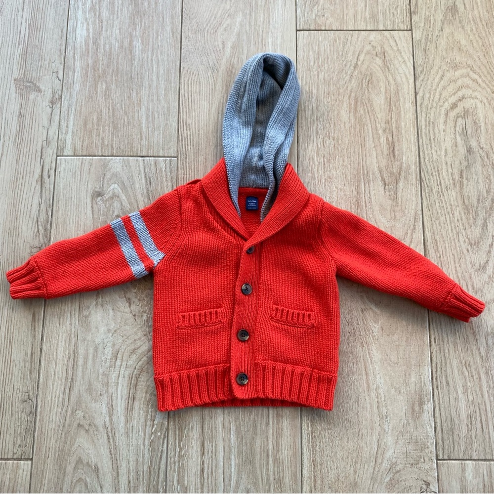 Baby Gap Long Sleeve Butyon Front Hooded Sweater Orange Gray Sz 18-24m.
